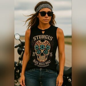 Sturgis 2XL Sugar Skull Biker Tank Top Back Corset Tie Black Hills Rally 75th